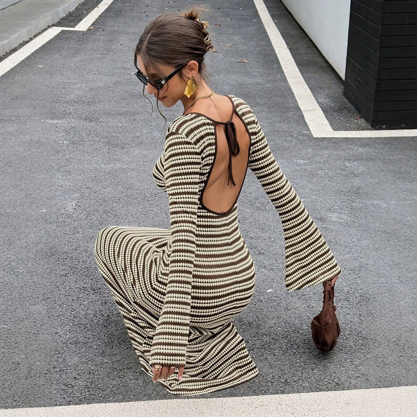 Urban Monochrome Striped Knit Maxi Dress Statement Bell Sleeve Slim‑Fit Long Party Dinner Dress