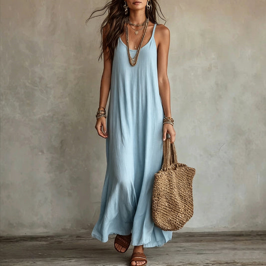 Textured Linen Spaghetti Strap Loose Maxi Tent Dress