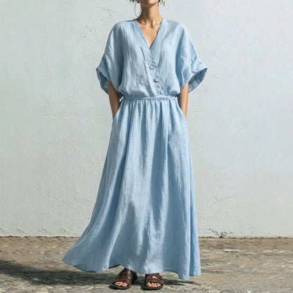 Belted Wrap Linen Blend Pocket Maxi Dress