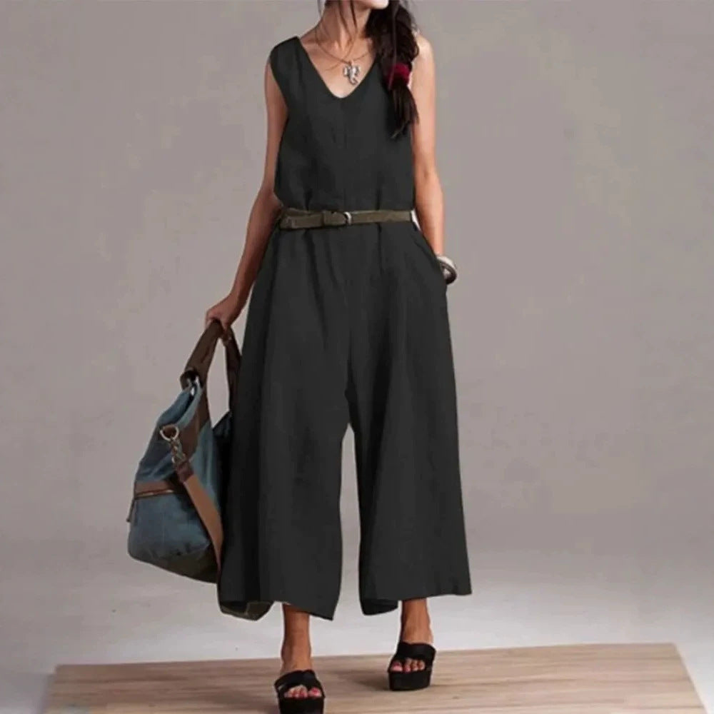Sleeveless V-Neck Self Belt Linen Wide Leg Cropped Jumpsuit