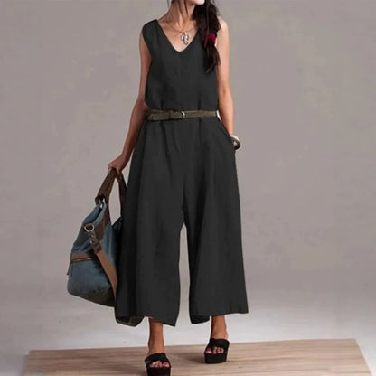 Sleeveless V-Neck Self Belt Linen Wide Leg Cropped Jumpsuit