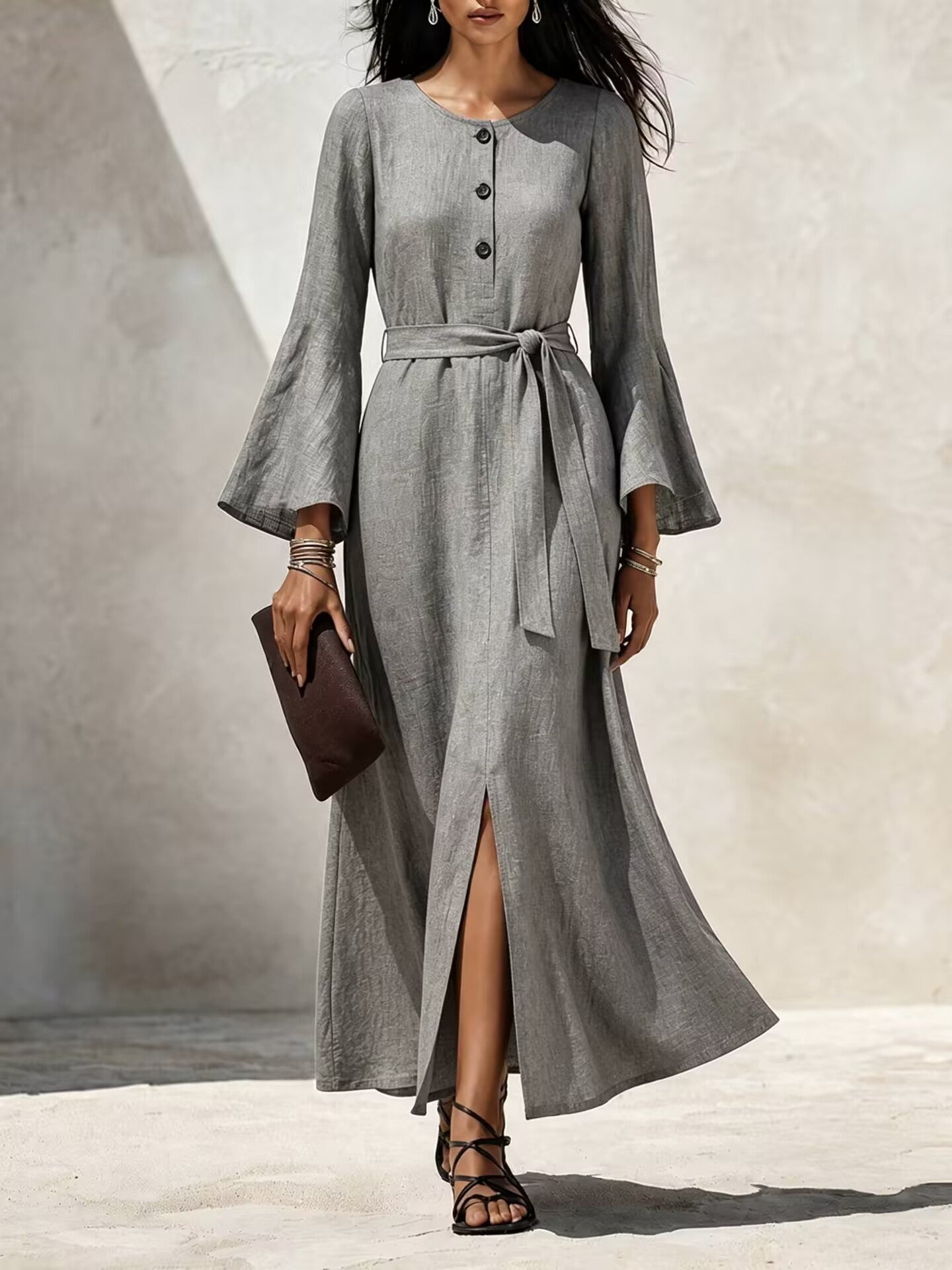 Linen‑Blend Flare‑Sleeve Maxi Dress