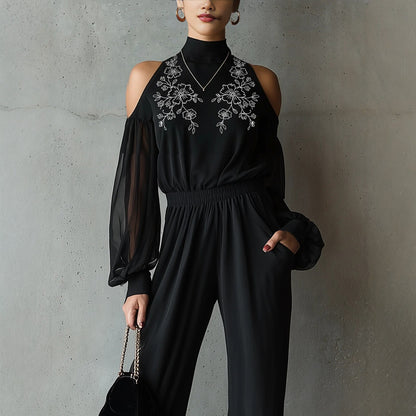 Black Embroidered Women'S Long-Sleeved Jumpsuit