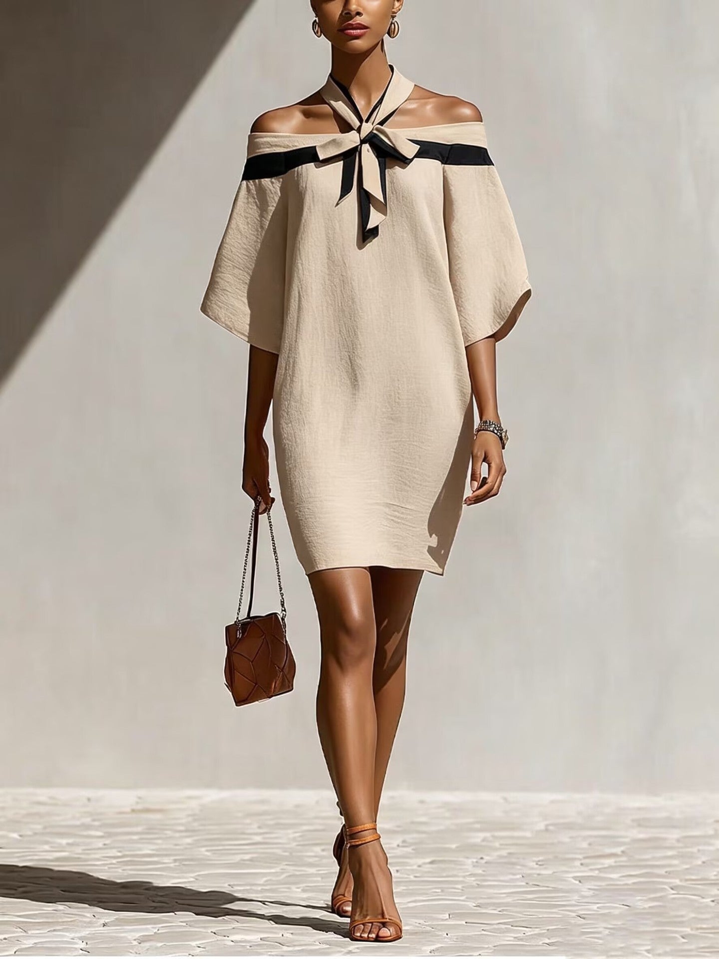 Contrast Halter Tie Off Shoulder Loose Mini Tunic Dress