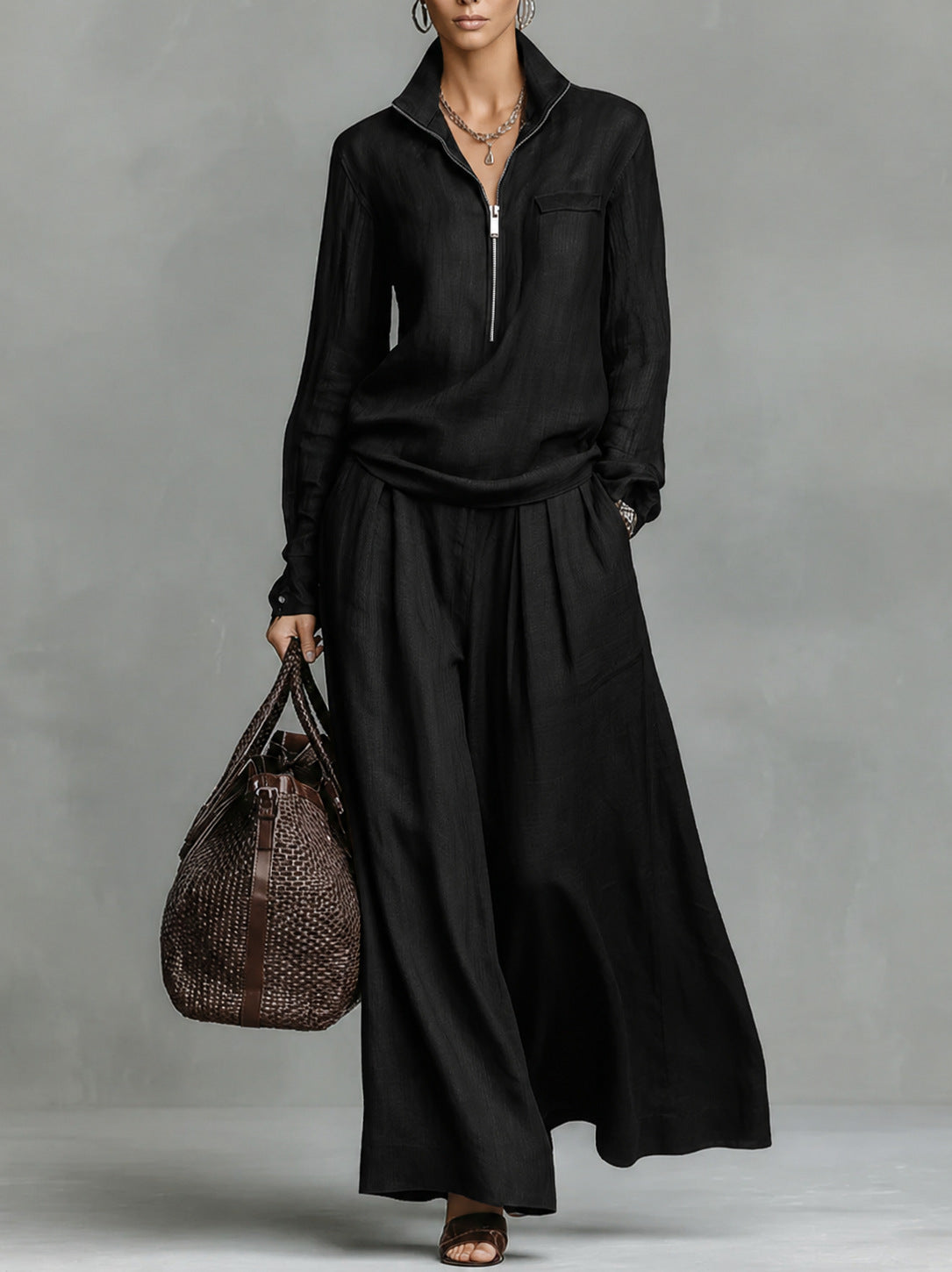 Linen Two Piece Set Women Half Zip Top & Wide Leg Pants Casual Co‑ord Outfit