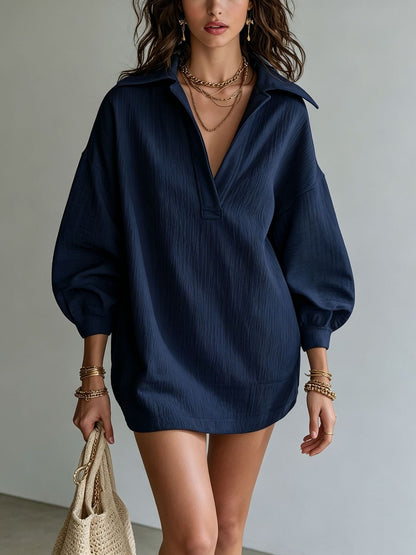 Crinkle Textured Collar V‑Neck Tunic Dress Women Loose Long Sleeve Casual Mini Dress