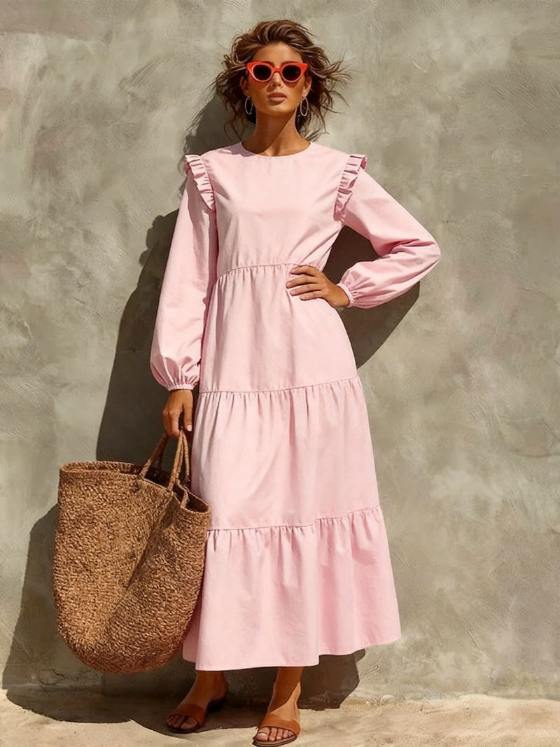 Women's Solid Emerald Green Ruffle Shoulder Tiered Long‑Sleeve Maxi Dress
