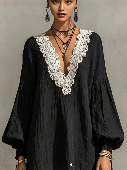 Black Contrast Lace Trim Crinkled Tunic Mini Dress