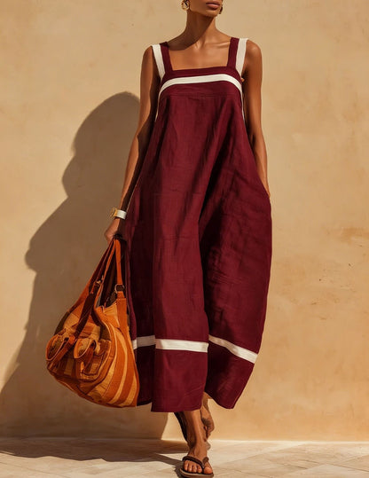 Linen Contrast White Stripe Square Neck Midi Skirt Set