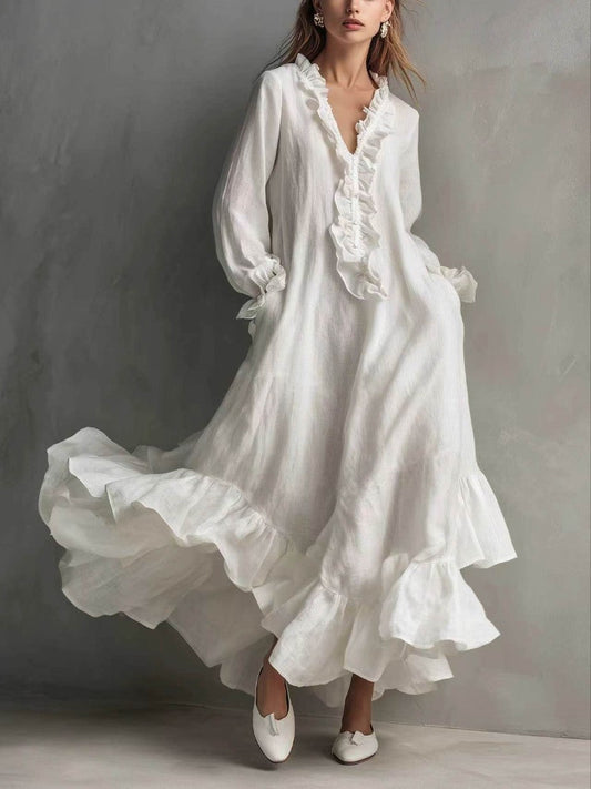 White Ruffle Linen Maxi Dress | Loose Long Sleeve Flowy Beach Dress