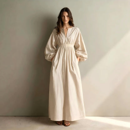 Poplin Split V Balloon Sleeve Smocked Waist Maxi Dress