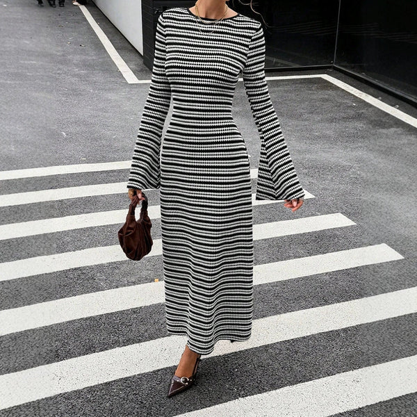 Urban Monochrome Striped Knit Maxi Dress Statement Bell Sleeve Slim‑Fit Long Party Dinner Dress