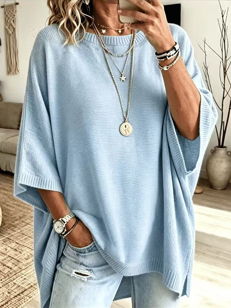 Women's Solid Brown Round Neck Batwing 3/4 Sleeve Loose Knit Tunic Sweater