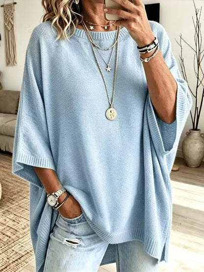 Women's Solid Brown Round Neck Batwing 3/4 Sleeve Loose Knit Tunic Sweater