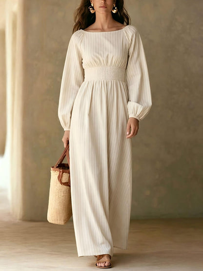 Pinstripe Smocked‑Waist Balloon Sleeve Maxi Dress