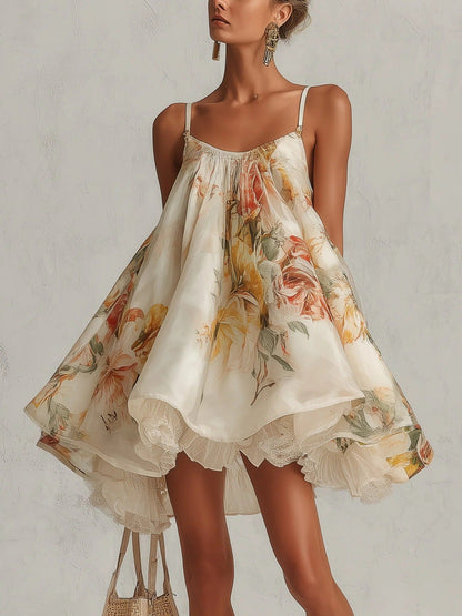 Women's Vintage Floral Print Spaghetti‑Strap High‑Low Ruffle Mini Dress