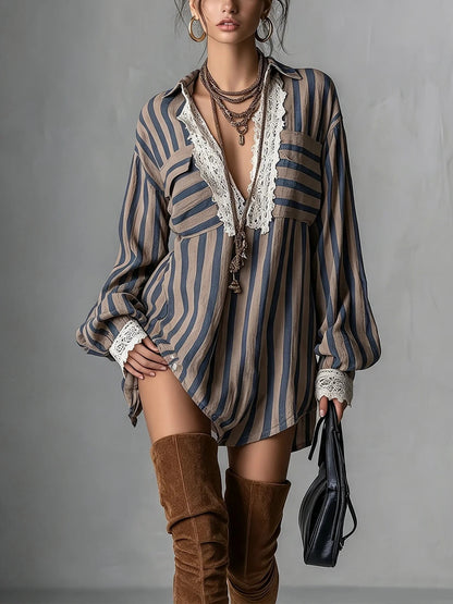 Women Boho Striped Lace Patchwork Tunic Shirt Loose Long Sleeve Casual Blouse Top