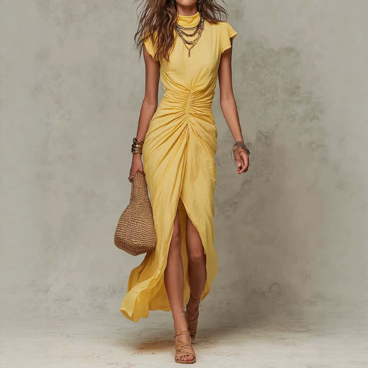 High‑Neck Cap Sleeve Ruched Front Slit Maxi Dress