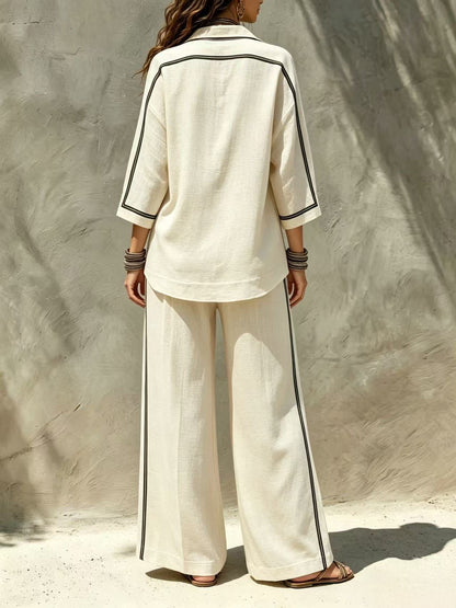 Contrast Trim Shirt & Wide‑Leg Pants Two‑Piece Set