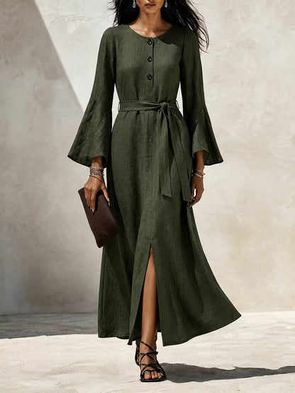 Linen‑Blend Flare‑Sleeve Maxi Dress