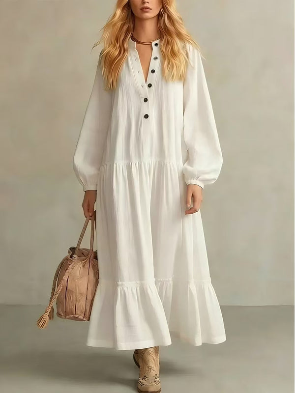Crinkled Half Button Balloon Sleeve Tiered Ruffle Maxi Dress