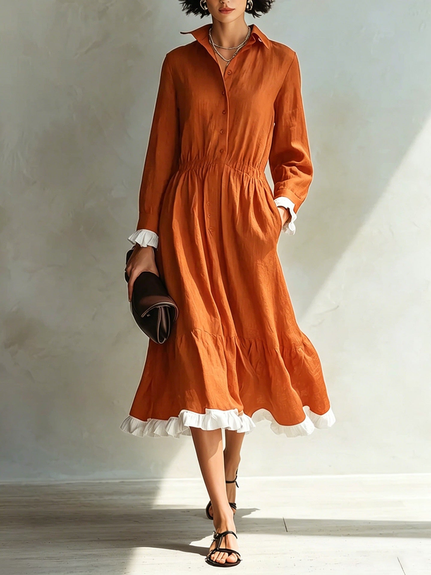 Button-Down Shirt Dress with White Ruffle Trim