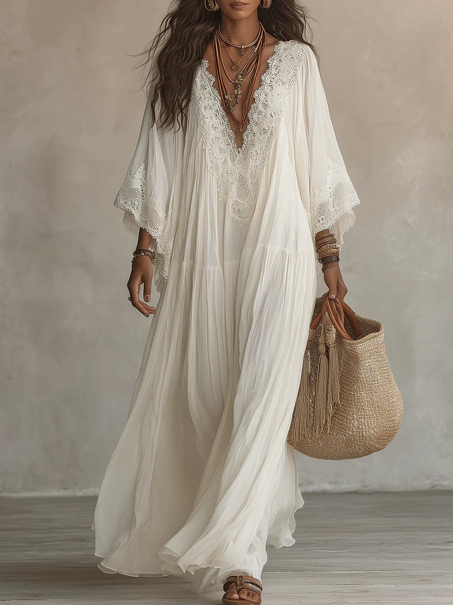 Women’s V-Neck Long Dress With Lace Detailing