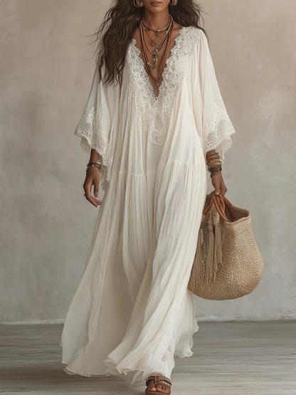 Women’s V-Neck Long Dress With Lace Detailing