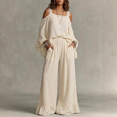 Women Solid Textured Cold Shoulder Batwing Top Elastic Waist Ruffle Wide Leg Pants Matching Set