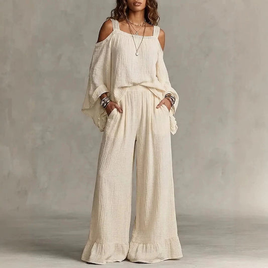 Women Solid Textured Cold Shoulder Batwing Top Elastic Waist Ruffle Wide Leg Pants Matching Set