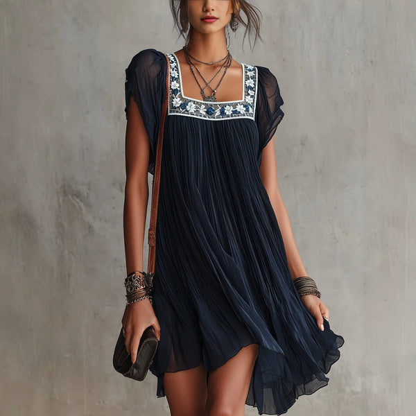 Midnight Floral Embroidered Pleated Mini Dress