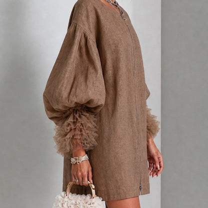 Women Zip‑Front Linen Mini Dress, Oversized Balloon Puff Sleeve Ruffle Cuff Loose Shift Dress