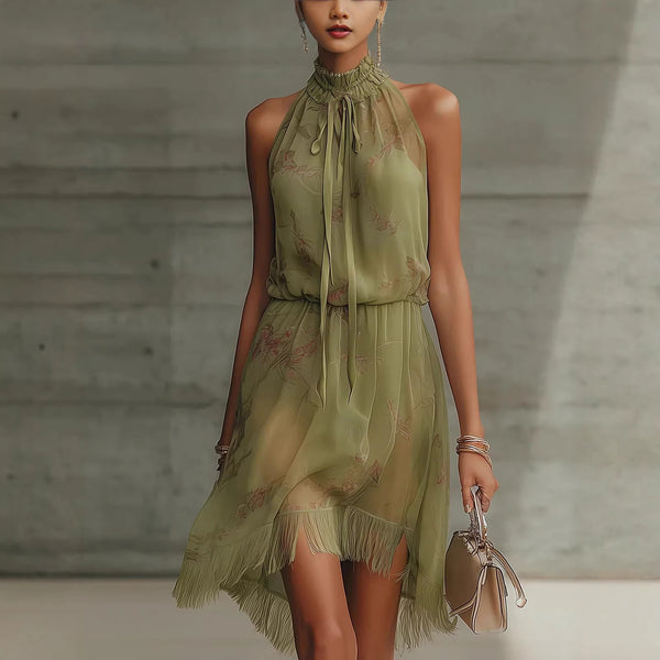 High-Neck Floral Chiffon Fringe Mini Dress