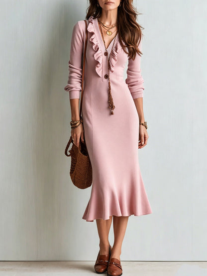 Ruffle V-Neck Knit Midi Dress with Mermaid Hem