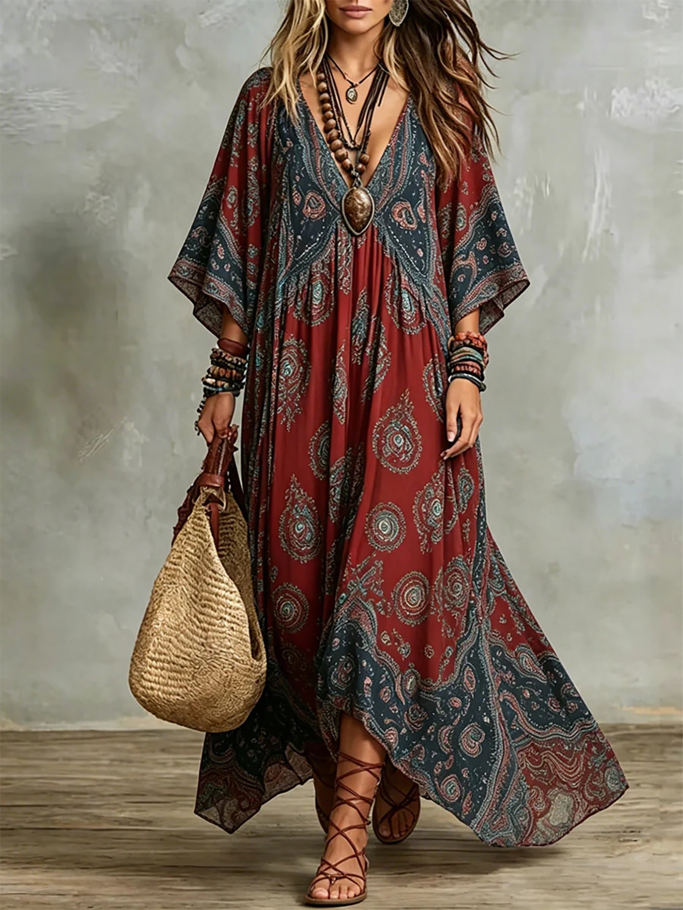 Bohemian Printed V‑Neck Kimono Sleeve Maxi Dress