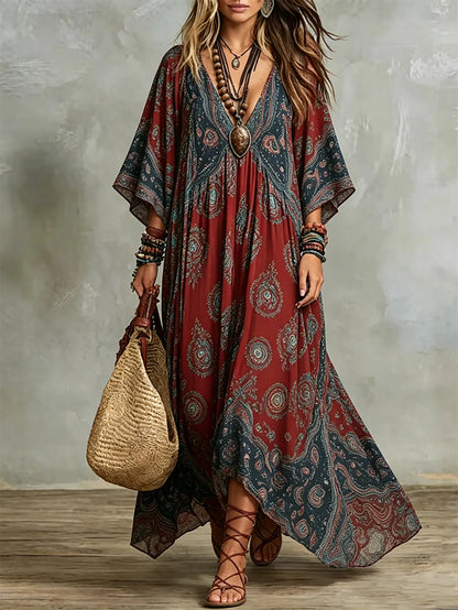 Bohemian Printed V‑Neck Kimono Sleeve Maxi Dress