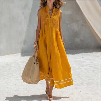 Stand Collar Pleated Zip Front Sleeveless Linen Midi Dress