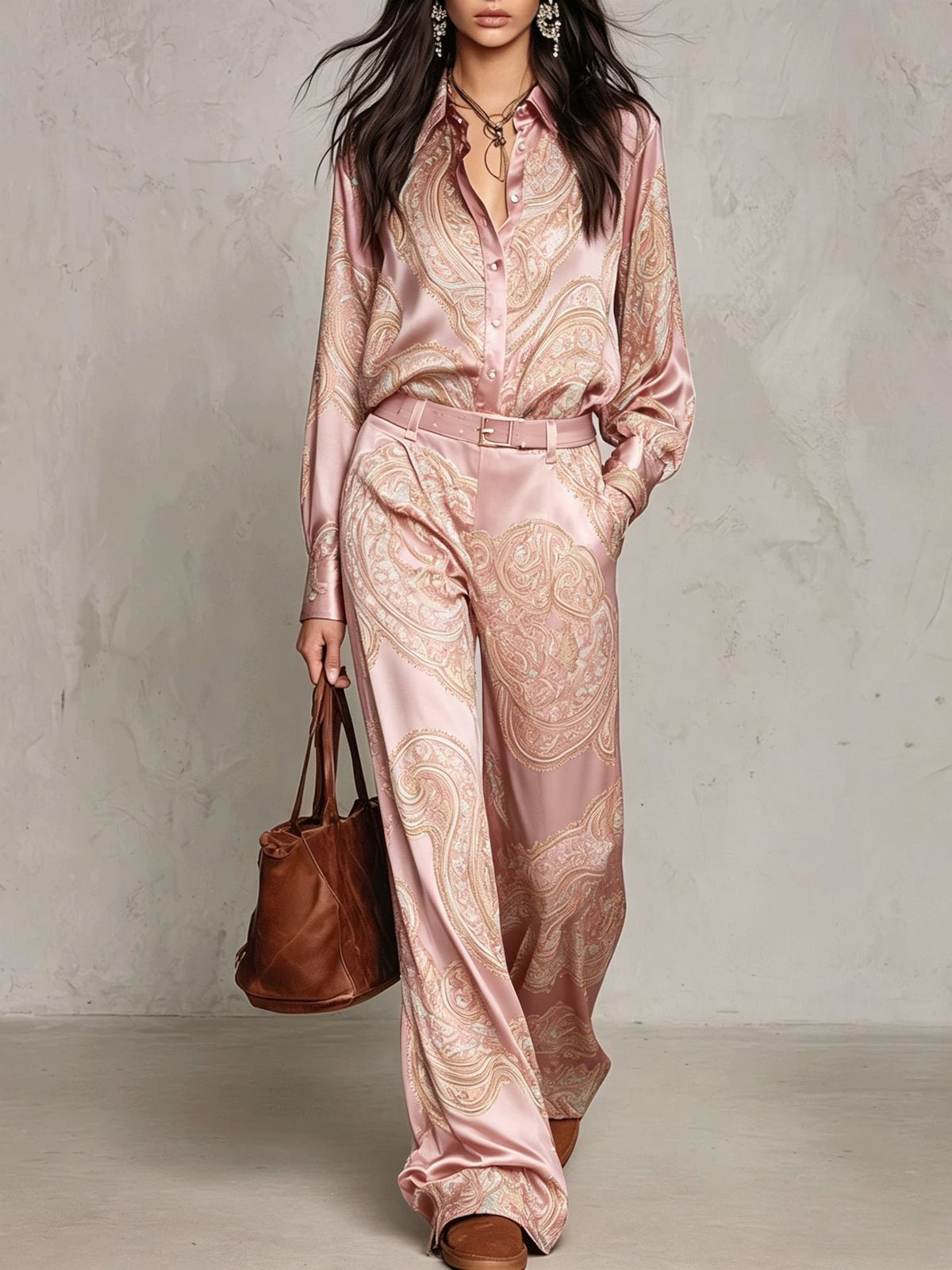 Printed Long-Sleeve Shirt And Wide-Leg Trousers Set