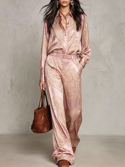 Printed Long-Sleeve Shirt And Wide-Leg Trousers Set