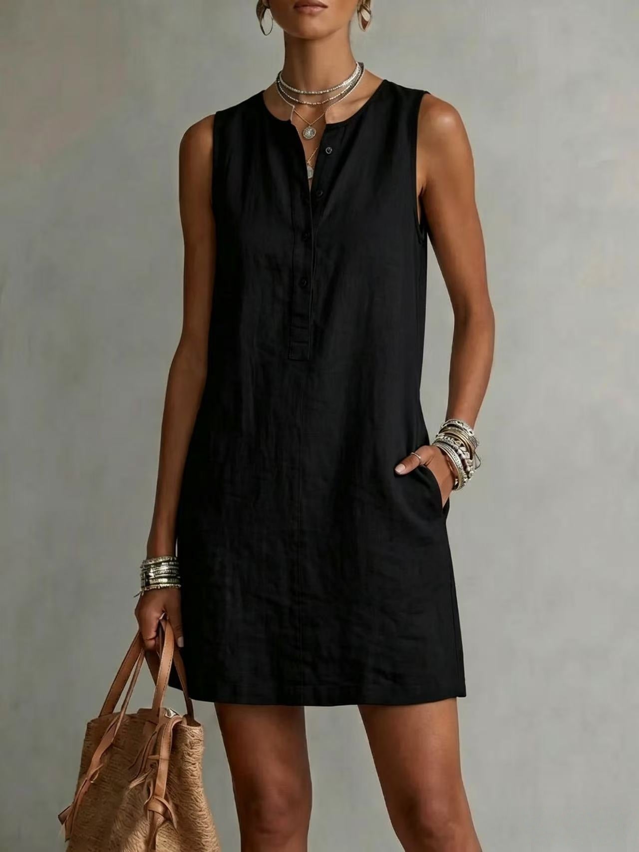 Sleeveless Linen Button-Front Mini Dress