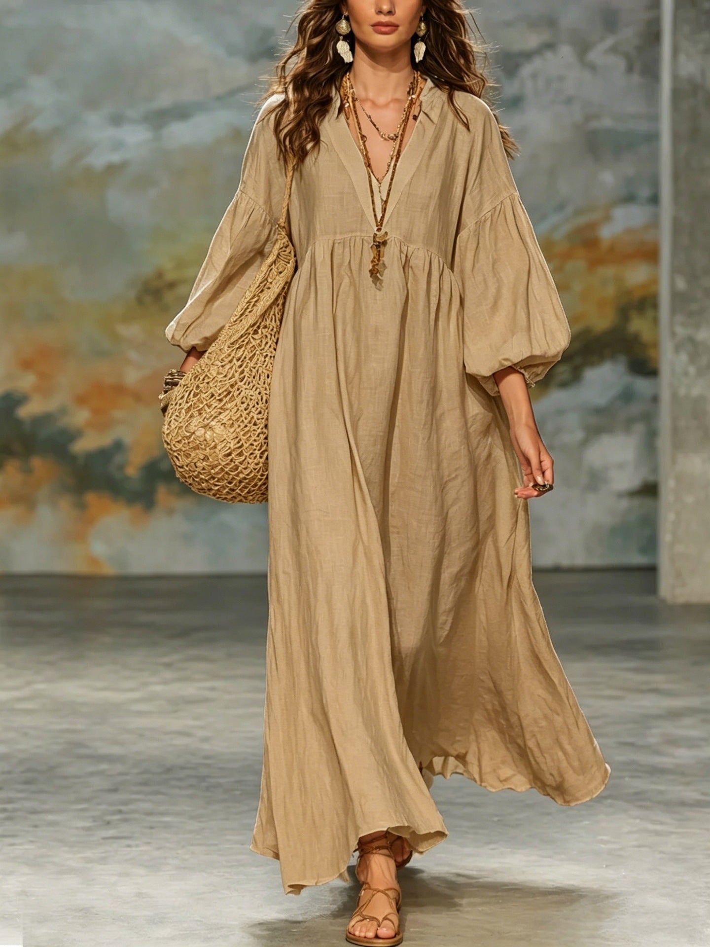 Boho V‑Neck Balloon Sleeve Linen‑Blend Maxi Dress