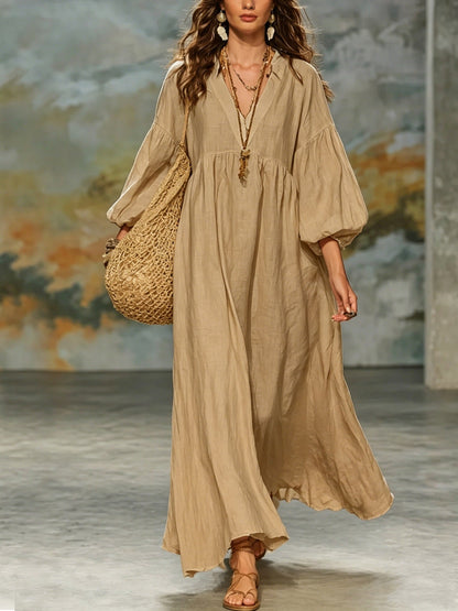 Boho V‑Neck Balloon Sleeve Linen‑Blend Maxi Dress
