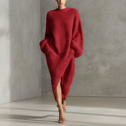Women's Cream Textured Knit Oversized Long Sleeve Slit Maxi Sweater Dress