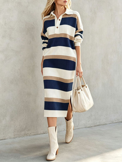Striped Polo Collar Knit Midi Dress