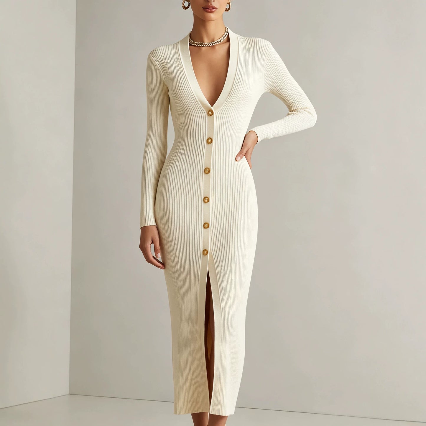 V‑Neck Button Front Ribbed Knit Slit Midi Dress