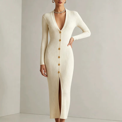 V‑Neck Button Front Ribbed Knit Slit Midi Dress