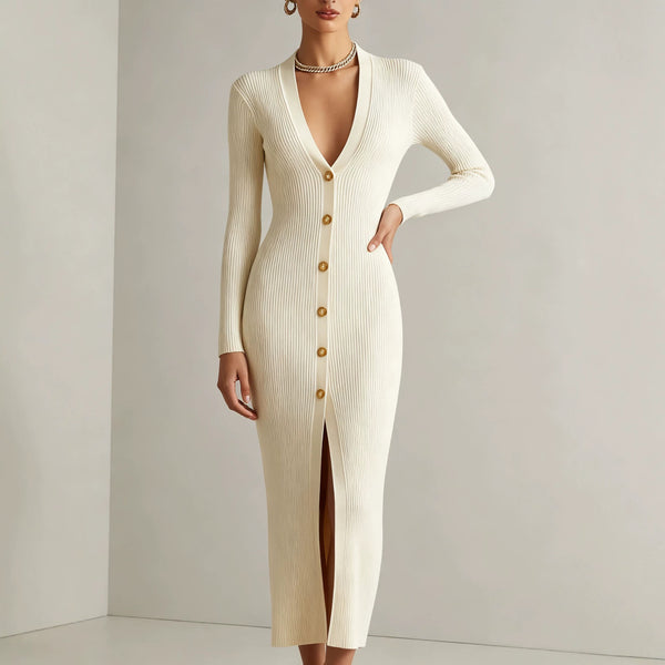 V‑Neck Button Front Ribbed Knit Slit Midi Dress