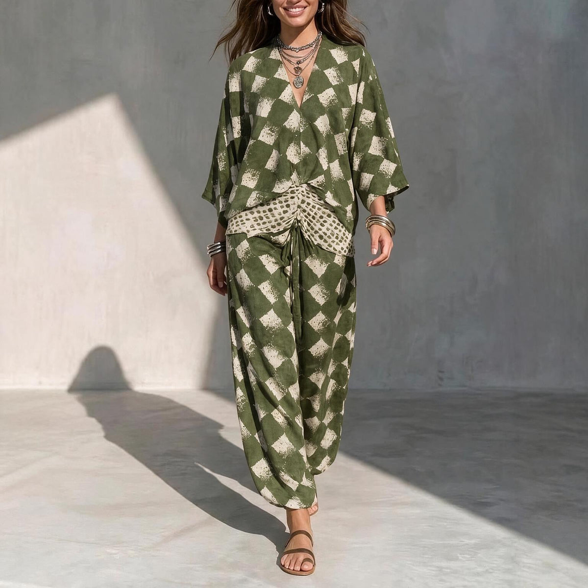 Geometric Print V‑Neck Kimono Sleeve Top & Wide‑Leg Pants Two‑Piece Set