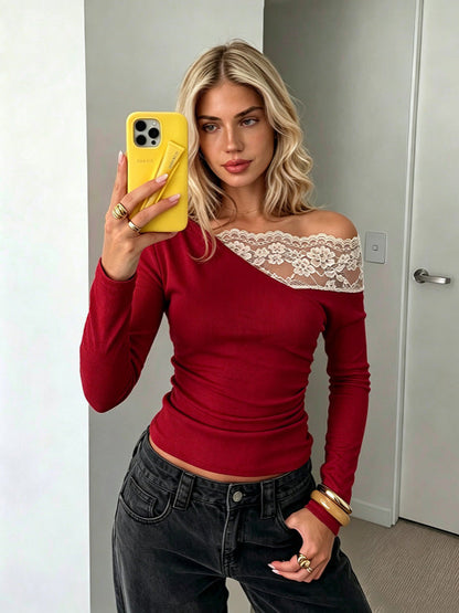 Stylish And Elegant Off-shoulder Knit Top With Lace Detailing