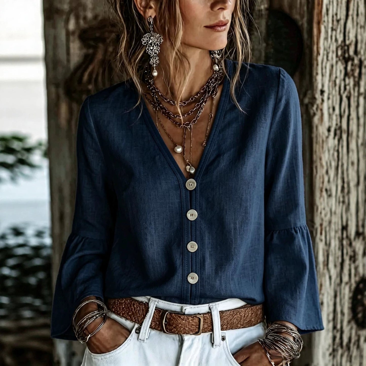 V-Neck Button-Front Bell Sleeve Blouse